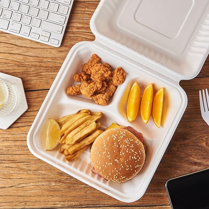 [9X9 3-Compartment 75-Pack Bio Natural Clamshell Take Out Food Containers with Lids, Disposable Bagasse Togo Plates, Eco-Friendly Biodegradable Made of Sugar Cane Fibers