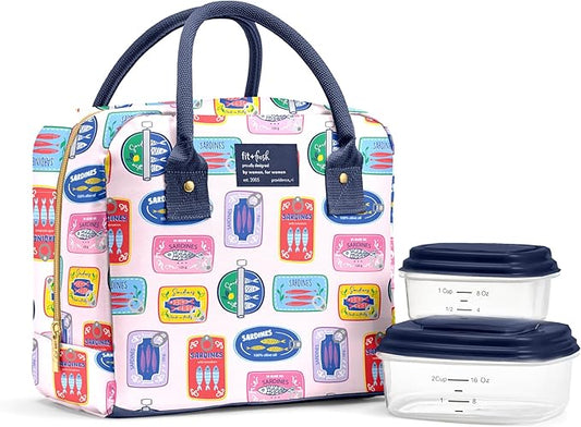 Fit & Fresh Lunch Bag For Women, Insulated Womens Lunch Bag For Work, Leak Resistant & Stain-Resistant Large Lunch Box For Women With Containers, Zipper Closure Bloomington Bag, Multicolored Sardines