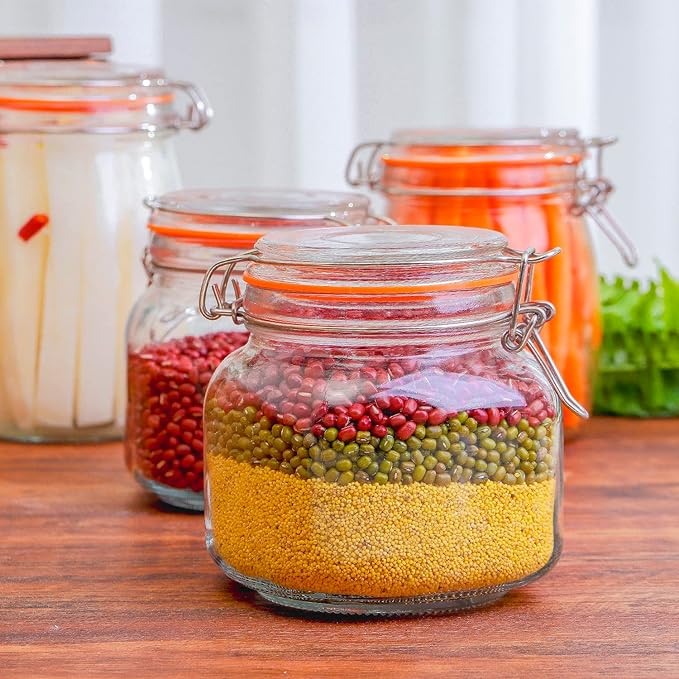 25 oz Glass Jars With Airtight Lids And Leak Proof Rubber Gasket,Wide Mouth Mason Jars With Hinged Lids For Kitchen Canisters 750ml, Glass Storage Containers