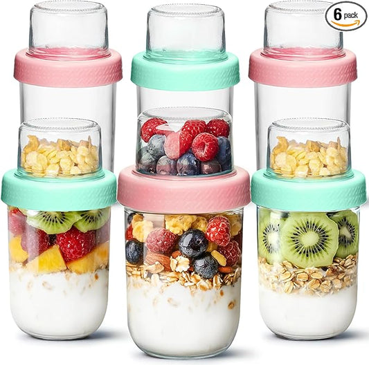 ComSaf 6-Pack 16 oz Overnight Oats Containers with Lids, Dual-Layer Chia Pudding Jars with Dry and Wet Separation, Yogurt Parfait Cups for Oatmeal Cereal Nut Fruit, Meal Prep Glass Jars for Salad