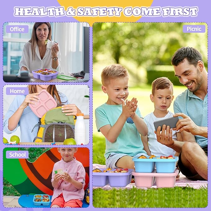 Bento Lunch Box for Kids (4 Pack) - 4-Compartment Salad Container for Lunch, Reusable BPA-Free Food Prep Containers, Snack Container for School, Work, and Travel (Solid Color)