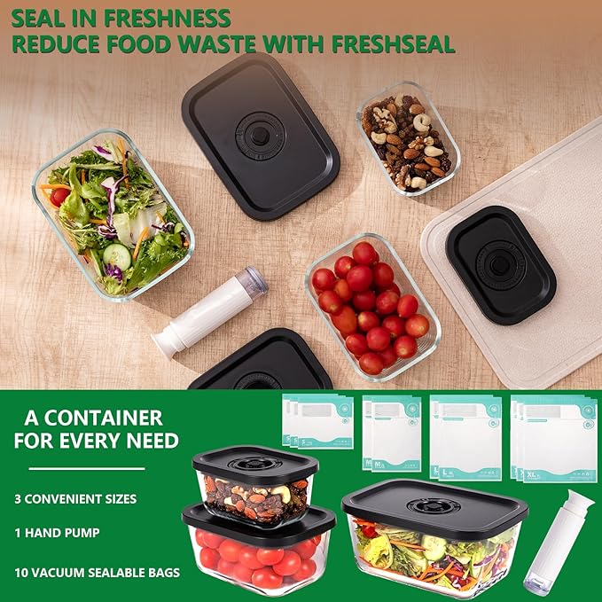 Premium 3‑Piece Borosilicate Glass Vacuum Food Storage Set – 3 Sizes (Small, Medium & Large), Hand Vacuum Pump & 10 Reusable Bags – Leakproof, Oven/Microwave/Freezer Safe, BPA‑Free