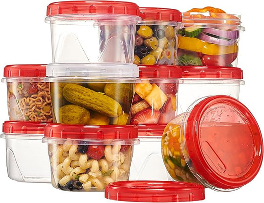 PLASTICPRO 12 Pack Twist Cap Food Storage Containers with Red Screw on Lid- 16 oz Reusable Meal Prep Containers - Freezer and Microwave Safe Red Plastic Food Storage