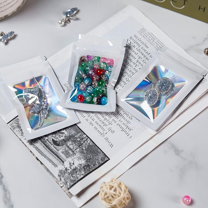 100 Pack Holographic Bags White Packaging Bags Mylar Bags with Window for Food Storage and Small Business(2.4×4Inch)