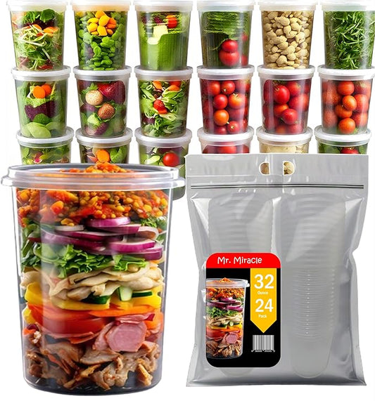 Mr Miracle Deli Containers with Lids - 24 Pack of 32 oz Clear Airtight Reusable Plastic Food and Multi-Purpose Containers - Microwave, Freezer, and Dishwasher Safe