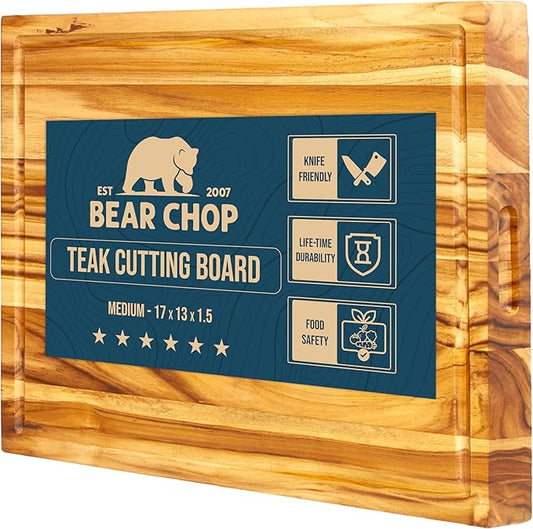 Bearchop Teak Cutting Boards for Kitchen, [17" x 13" x 1.5"] Medium Edge Grain Cutting Boards, Solid Teak Wood Butcher Block Cutting Board with Juice Grooves and Handle, Knife Friendly and Reversible