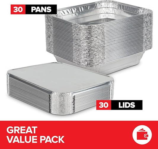 (Set of 30) 9 x 13 Disposable Aluminum Pans with Lids - (30) Heavy Duty Foil Pans with Lids 9x13 (30) Foil Pan Covers, Food Catering Containers for Baking, Cooking, Heating, Storage, Holiday Meal Prep