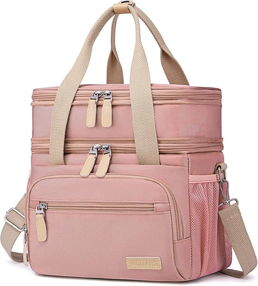 Weitars Lunch Bag for Women, Loncheras Para Mujer, Leakproof Insulated Large Lunchbox Dual Compartment Lunch Box Adult For Work Beach Picnic Hiking (15L) (Pink)