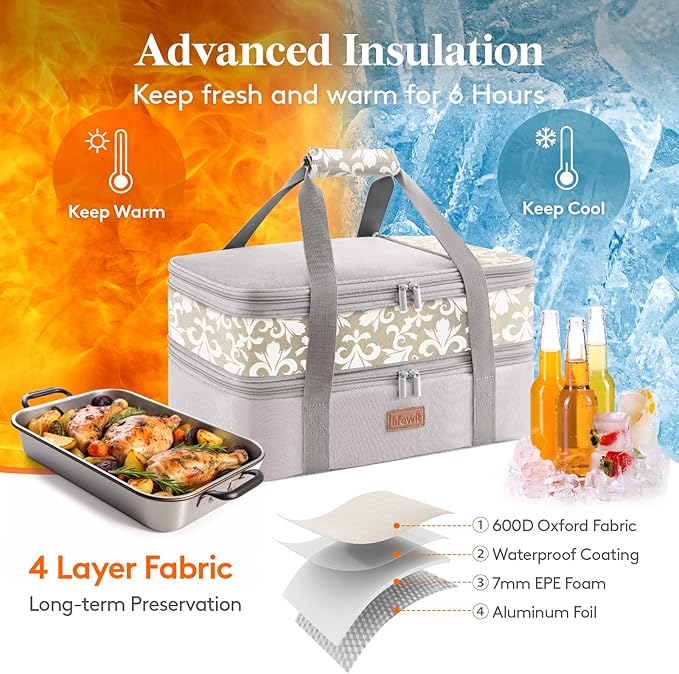 Lifewit Expandable Insulated Casserole Carrier for Hot or Cold Food, Double Decker Food Bag Lasagna Holder Carry Tote for Potluck Parties/Picnic/Cookouts, Fits 9"x13" Baking Dish, Grey-Flowers