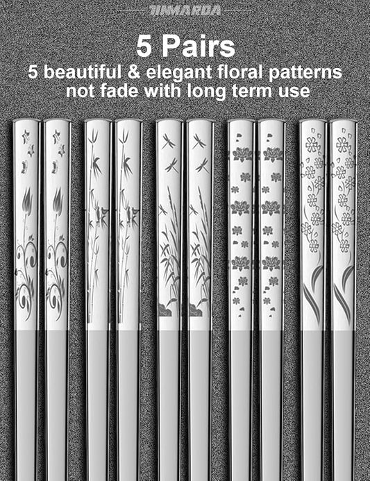 Metal Chopsticks Reusable 5 Pairs 18/8 Stainless Steel Chopstick Beautiful Engraving Patterns Dishwasher Safe Non-Slip Japanese Korean Chop Sticks Present Set