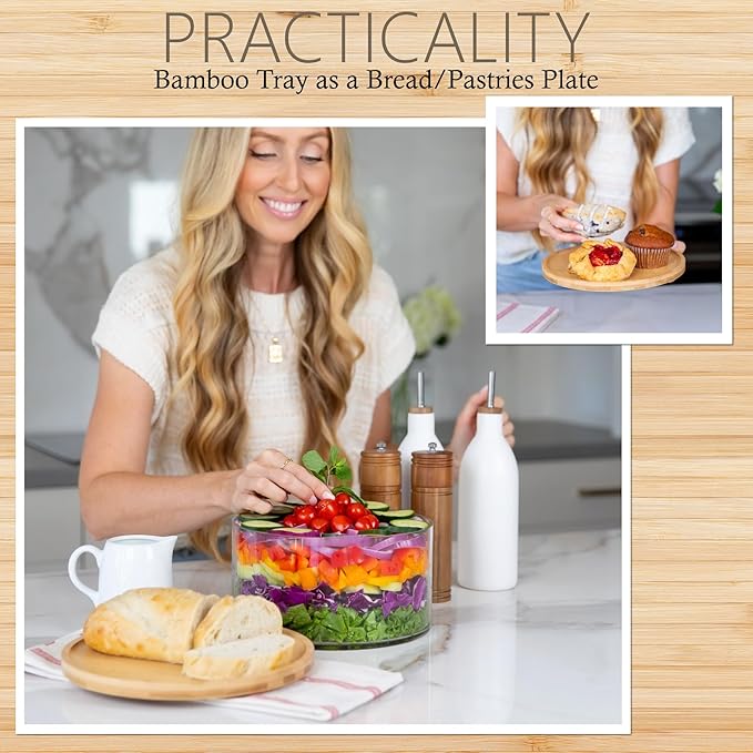 25DOL XXL 125 Ounces Clear Glass Salad Bowl Dish【Hand Blown】 Dual Function Bamboo Lid - Extra Large Mixing Bowl for Salads, Dessert, Fruit, Punch - Centerpiece Large Serving Bowls for Entertaining