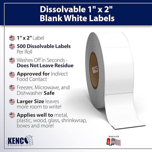 Blank White 1 X 2 Dissolvable Food Labels - Washes Off Qucikly No Residue - for Food Prepe and Rotation, Canning and More! Made in The USA (3 Pack)
