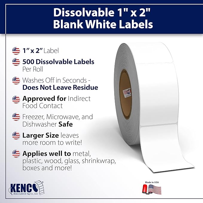 Blank White 1 X 2 Dissolvable Food Labels - Washes Off Qucikly No Residue - for Food Prepe and Rotation, Canning and More! Made in The USA (24 Pack)