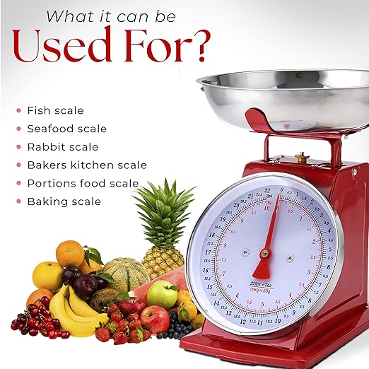Alpine Cuisine Analog Kitchen Scale Red - Mechanical Kitchen Weighing Food Scale Weighs Up to 22 Lbs., Analog Food Scale for Kitchen - Measures in Grams and Ounces - Food Weight Scale