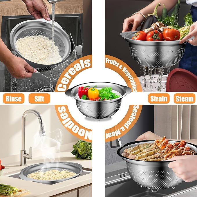 Mixing Bowls with Airtight Lids Set, 4 Stainless Steel Bowls Nesting Bowls & Colander, Kitchen Organizers and Storage Non-Slip Bottom, Size 1.5/2.0/2.5/4.0QT, Great for Mixing & Serving, Khaki