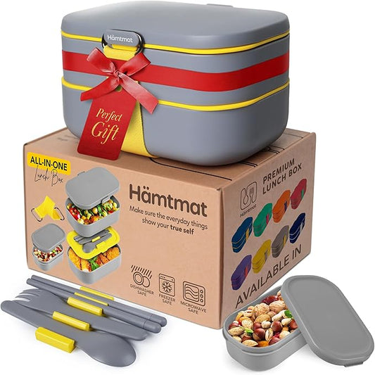 Premium Bento Lunch Box for Adults with Reusable Chopsticks, Modern Cute Food Container with Compartments, Leak Proof, Microwavable & Freezer Safe, Gray, 7.5x4.7x4.5 in (190x119x114 mm)
