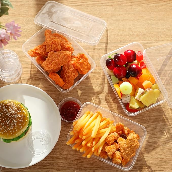 Lallisa 100 Set 25 oz Plastic Containers with Airtight Lids Disposable Food Storage Containers 2 oz Clear Serving Portion Cups with Lid Leakproof Meal Prep Containers for Salad Soup Fruit