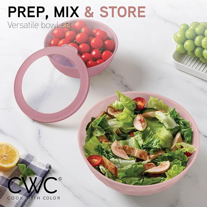 COOK WITH COLOR Mixing Bowls with Lids - 12 Piece Plastic Nesting Bowls Set includes 6 Prep Bowls and 6 Lids, Non Slip Bottom and Diamond Design - Microwave Safe (Mint)
