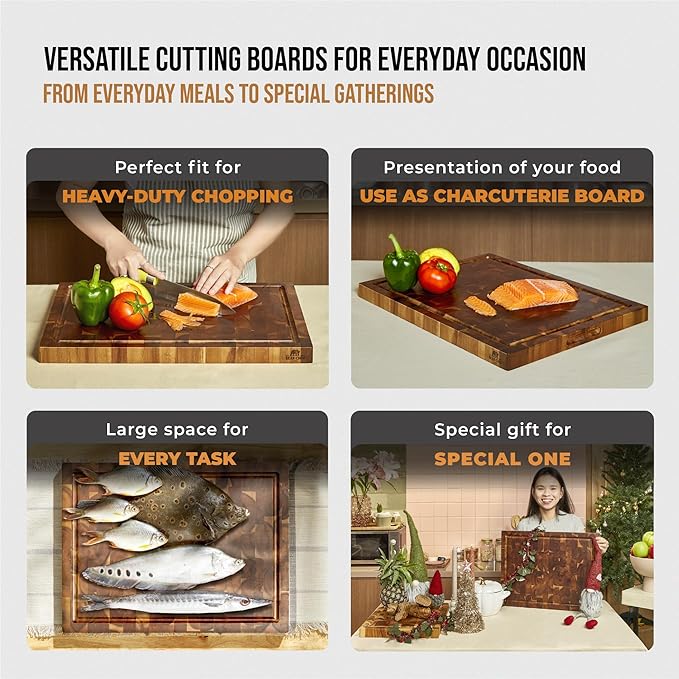 Bearchop Acacia Wood Cutting Boards for Kitchen, [17"x13"x1"] Medium End Grain Cutting Boards, Solid Wood Butcher Block Cutting Board with Juice Grooves and Handle, Knife Friendly, Reversible