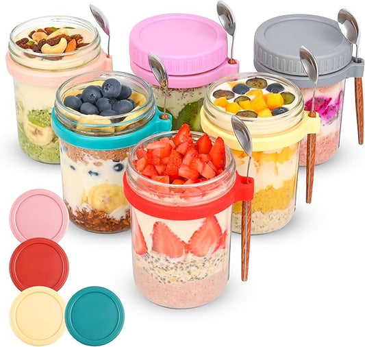 6 Pack Overnight Oats Containers with Lids and Spoons-18 Oz Overnight Oats Jars Mason Jars for Chia Pudding Cereal Fruit Vegetable Milk Salad Yogurt Meal Prep