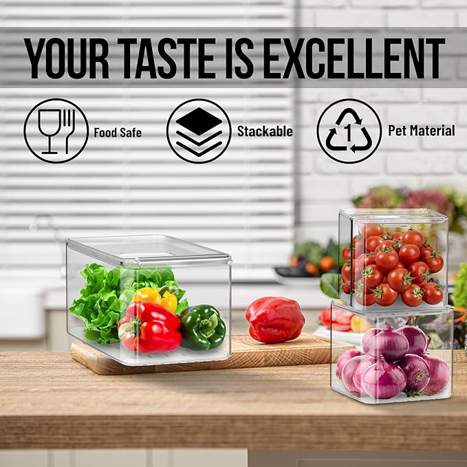 Produce Saver Containers for Refrigerator, Food Fruit Vegetables storage, 3 Pcs Stackable Freezer Fridge Organizer, Fresh Keeper Drawer Bin Basket with Vented Lids & Removable Drain Tray