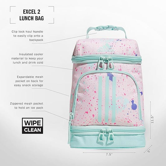 adidas Excel Lunch Bag, Cooler with Zipper, Pocket for Ice Pack, and Clip, Temperature Control Insulation, Splatter Sandy Pink/Semi Flash Aqua Blue, One Size