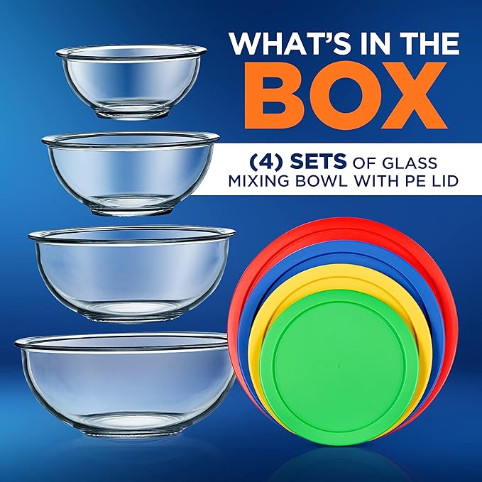 NutriChef 4-Pack Glass Mixing Bowls with BPA-Free Lids, Stackable Nesting Salad Bowls (1QT, 1.6QT, 2.5QT, & 3.7QT), Prepping and Baking Food Storage Set, Dishwasher, Freezer, & Microwave Safe