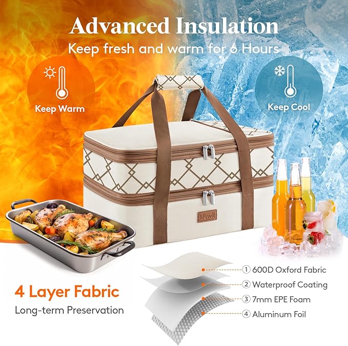 Lifewit Expandable Insulated Casserole Carrier for Hot or Cold Food, Double Decker Food Bag Lasagna Holder Carry Tote for Potluck Parties/Picnic/Cookouts, Fits 9"x13" Baking Dish, Cream-Geometric