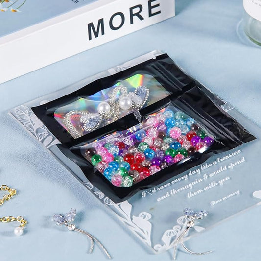 100 Pcs Holographic Bags Black Mylar Bags with Clear Window Packaging Bags for Food Storage Sealable Bags for Small Business(3×5Inch)