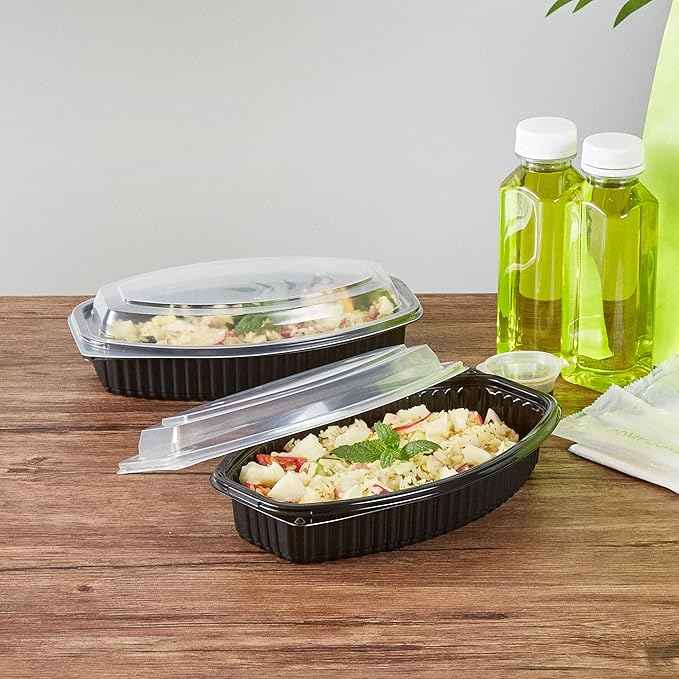 Restaurantware RW Base 24 Ounce Meal Prep Containers, 100 Microwavable To Go Containers With Lids - Disposable, Freezable, Black Plastic Oval Food Containers, Pack Hot And Cold Food, For Takeaway
