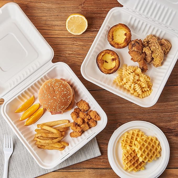 [9X9 1-Compartment 75-Pack Bio Natural Clamshell Take Out Food Containers with Lids, Disposable Bagasse Togo Plates, Eco-Friendly Biodegradable Made of Sugar Cane Fibers