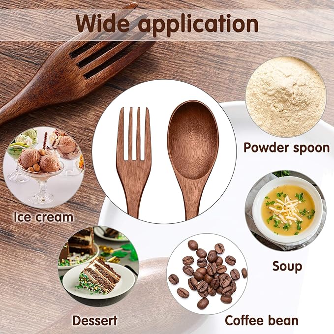 Patelai Wooden Spoons Forks Set Wood Dinner Utensil Set Reusable Flatware Tableware Set Handmade Natural Cutlery Set Includes Wood Spoon Fork for Cooking Stirring Eating