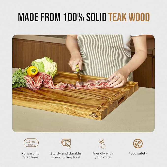 Bearchop Teak Cutting Boards for Kitchen, [20" x 15" x 1.5"] Large Edge Grain Cutting Boards, Solid Teak Wood Butcher Block Cutting Board with Juice Grooves and Handle, Knife Friendly and Reversible