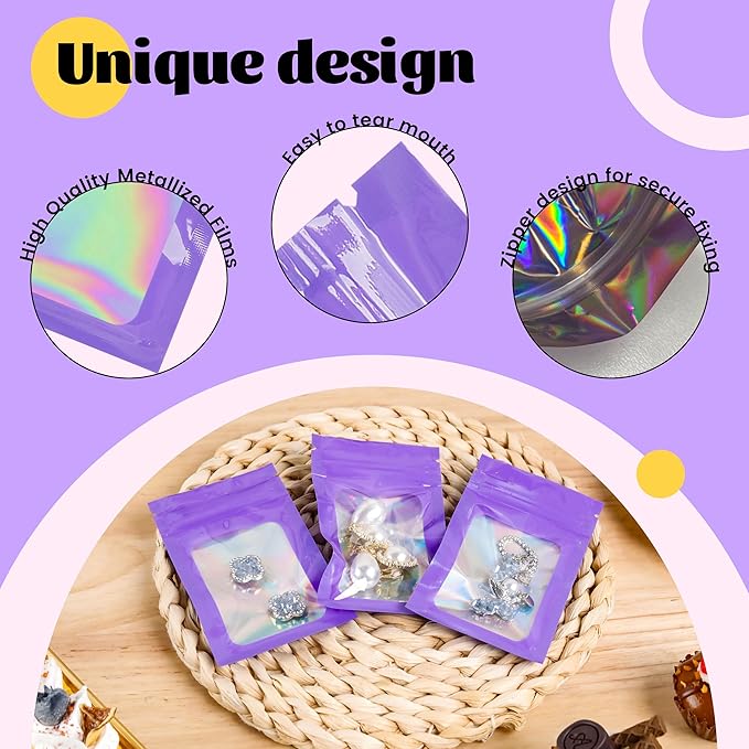 100 Pack Purple Holographic Bags Smell Proof Packaging Bags with Window for Food Storage and Small Business(2.4×4Inch)