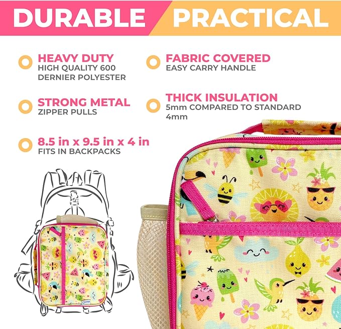 Bento Lunch Box with Insulated Bag, Water Bottle Ice Pack Set for Kids Toddlers, 5 Portion Sections, BPA Free Removable Tray, Pre-School Kid Toddler Daycare Lunches, Snack Container, Summer Set