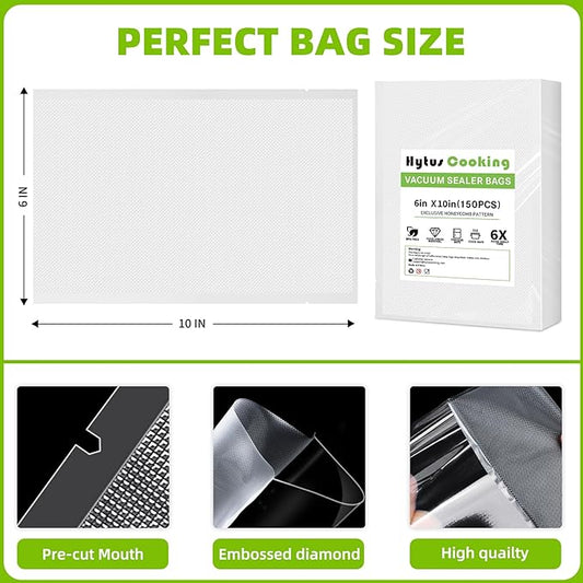Pre-Cut Vacuum Sealer Bags (150 Pack Pint 6" x 10") Heavy Duty Embossed, Commercial Grade for Food Storage, Meal Prep and Sous Vide BPA-Free