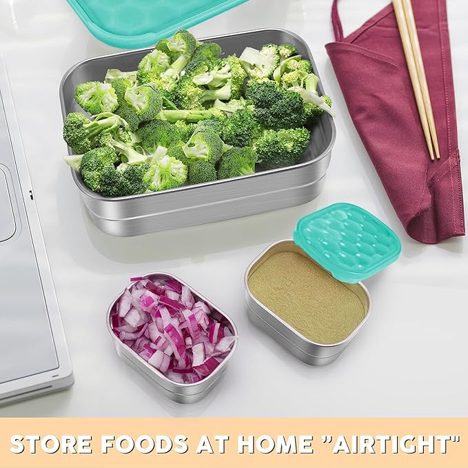 Stainless Steel Lunch Containers for Kids | Leak Proof Food Grade Snack Containers with Silicone Lids - Perfect Metal Food Containers with Lids for Kids School and Toddler Daycare (25oz+8oz*2)