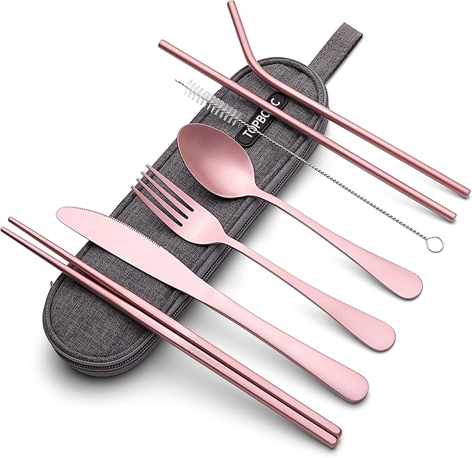 Portable Stainless Steel Flatware Set, Travel Camping Cutlery Set, Portable Utensil Travel Silverware Dinnerware Set with a Waterproof Case (Pink)