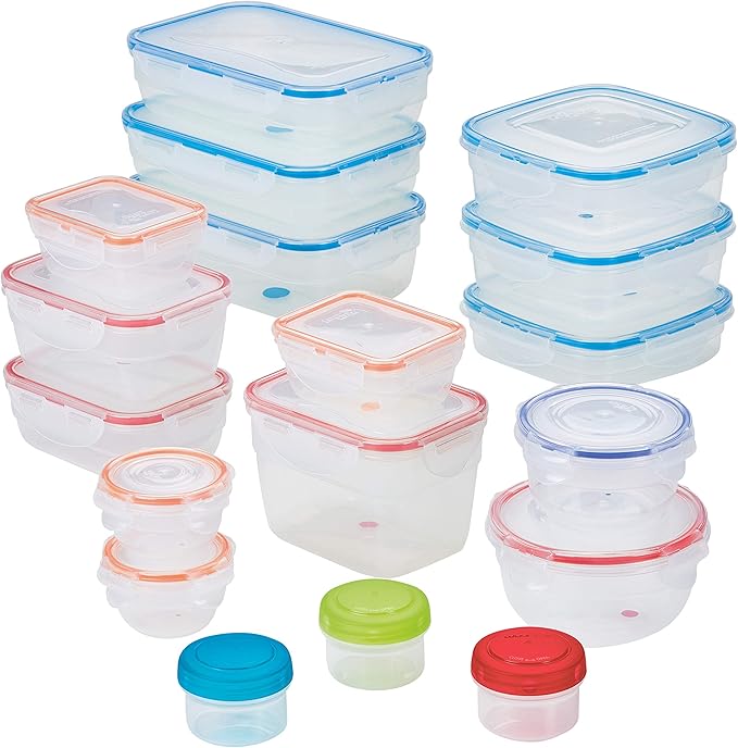LOCK & LOCK Easy Essentials Color Mates Food Storage lids/Airtight containers, BPA Free, 36 Piece, Clear
