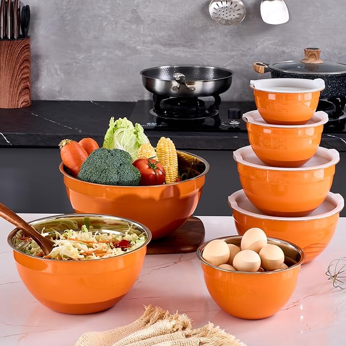 Orange Mixing Bowls With Airtight Lids,Stainless Steel Bowl,Salad Bowls 7 Piece Colorful Nesting Bowl Rainbow Kitchen Accessories,Size 7,3.6,2.7,2.1,1.5,1.1,0.8QT Stackable Design