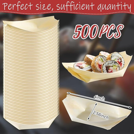 Hoolerry 500 Pcs Disposable Wood Boat Plates Dishes 4 Inches Bamboo Plates Sushi Boat Disposable Bamboo Leaf Dish Serving Tray Food Container Wood Bowl For Catering Home