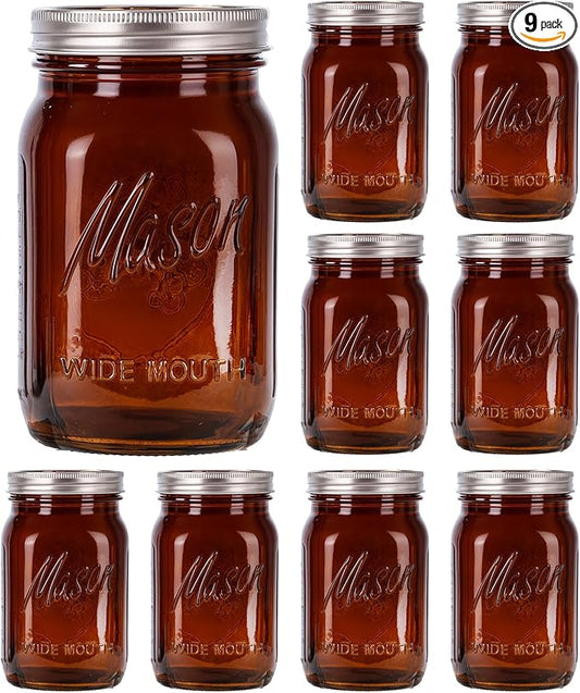 WELLIFE Amber Mason Jars, 9 Pack wide mouth mason jars for Pickling, Canning, Fermenting and Food Storage, Microwave & Dishwasher Safe
