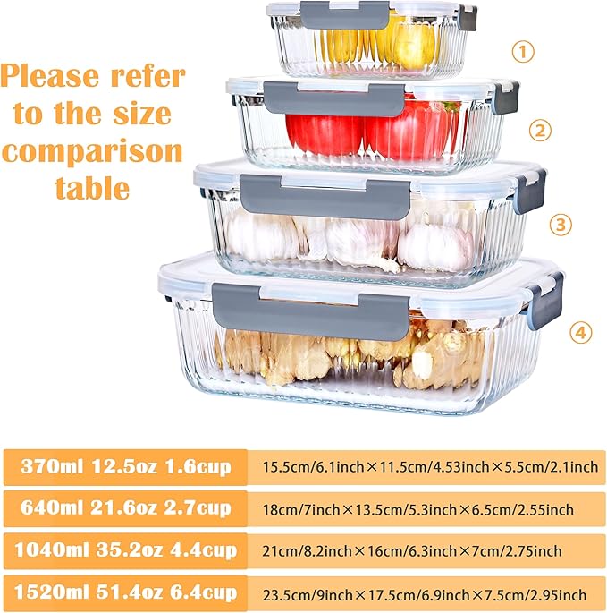 16 Piece Glass Storage Containers With Lids - 12.5+35.1 OZ Black Rectangles for Meal Prep, Microwaveable, Frozen Storage