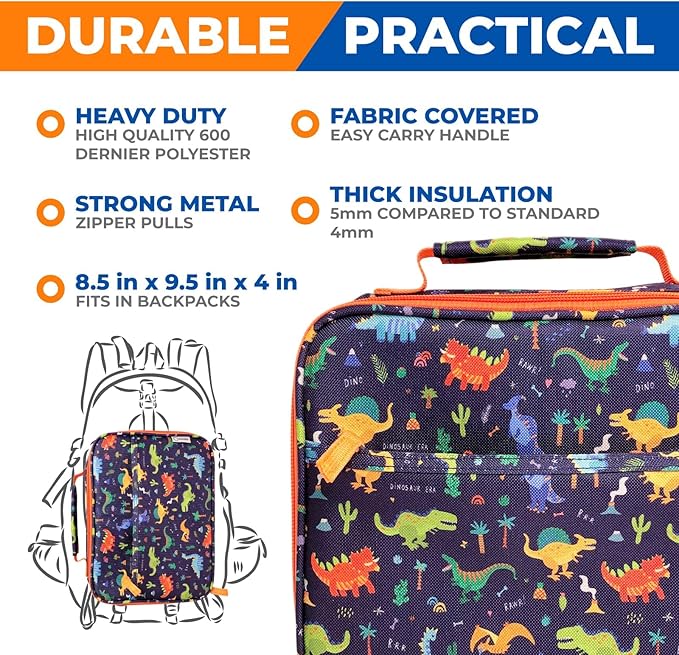 kinsho Bento Lunch Box with Insulated Bag, Water Bottle&Ice Pack Set for Kids Toddlers,5 Portion Sections, BPAFree Removable Tray, PreSchool Kid Toddler Daycare Lunches, Snack Container,Blue Dinosaur