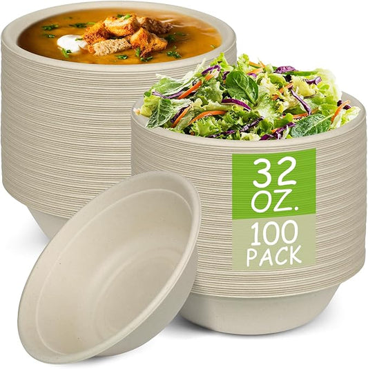 Paper Bowls, 100% Compostable Disposable Soup/Salad Bowls 32 Oz 100 Pack, PFAS-Free BPI Certified Eco-Friendly Hot/Cold Food Bowls, Natural Brown
