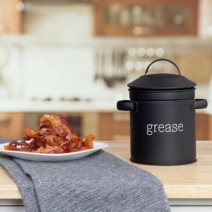 AuldHome Design Enamelware Grease Container w/Strainer (Black), Farmhouse Style Kitchen StorageTin, Labeled “Grease”