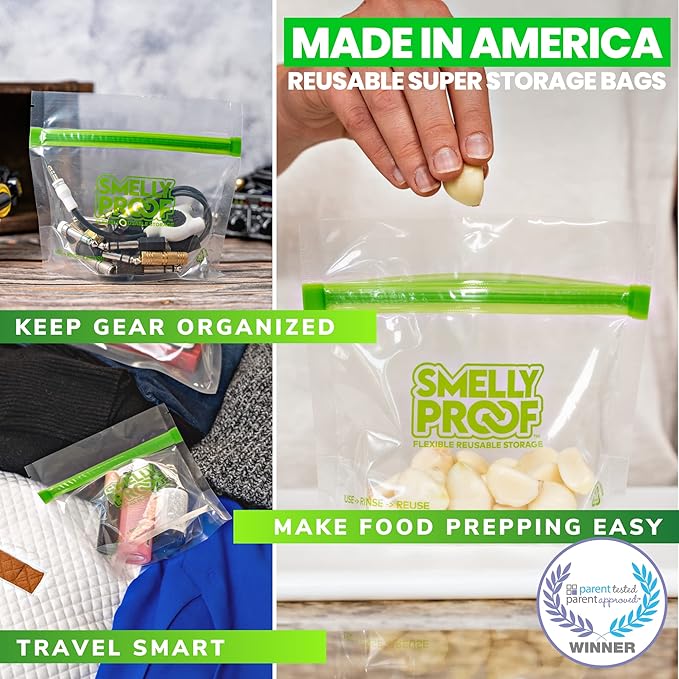 10 x Expandable Stand-Up & Fill REUSABLE Storage Bags for Food Designed & Mfg in US by Smelly Proof, NO PEVA, BPA FREE, Reusable Snack Bags, Dishwasher-Safe, Clear 3 mils STAND & FILL 6" x 4" - 10pk