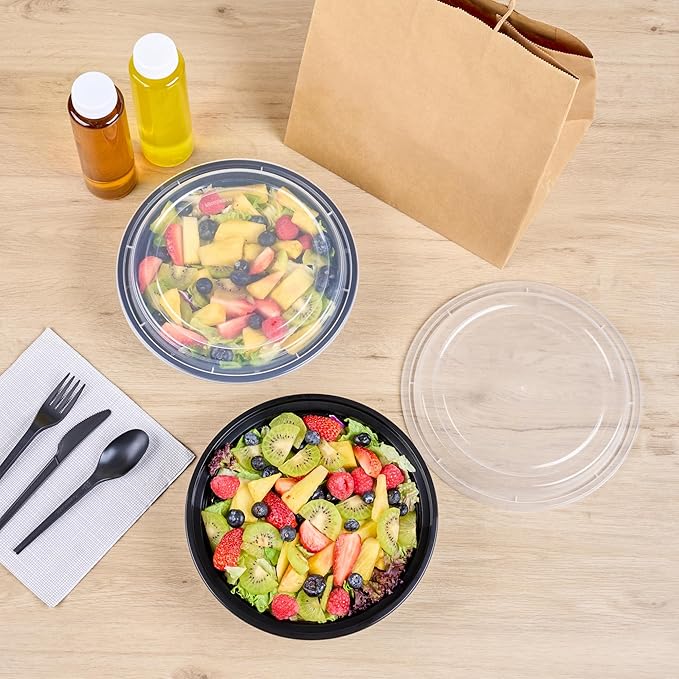 Restaurantware Asporto 48 Ounce To Go Boxes 100 Microwavable Take Out Food Containers - Clear Plastic Lids Included Do Not Contain BPA Black Plastic Catering Food Containers Disposable Round