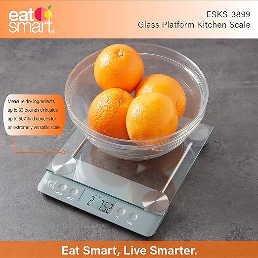Eat Smart Eat Smart 33lb Glass Platform Food Kitchen Scale with Tare, Grey