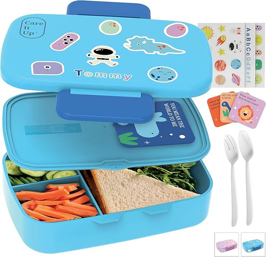 Kids Bento Lunch Box For Boys and Girls With Free Cutlery Set, 6 Sticker Sheets (5+ Years) and Parent Cards - 880 ML Leakproof 3 Compartment Lunch Box for kids, Portion Control Bento Box Kids - Blue
